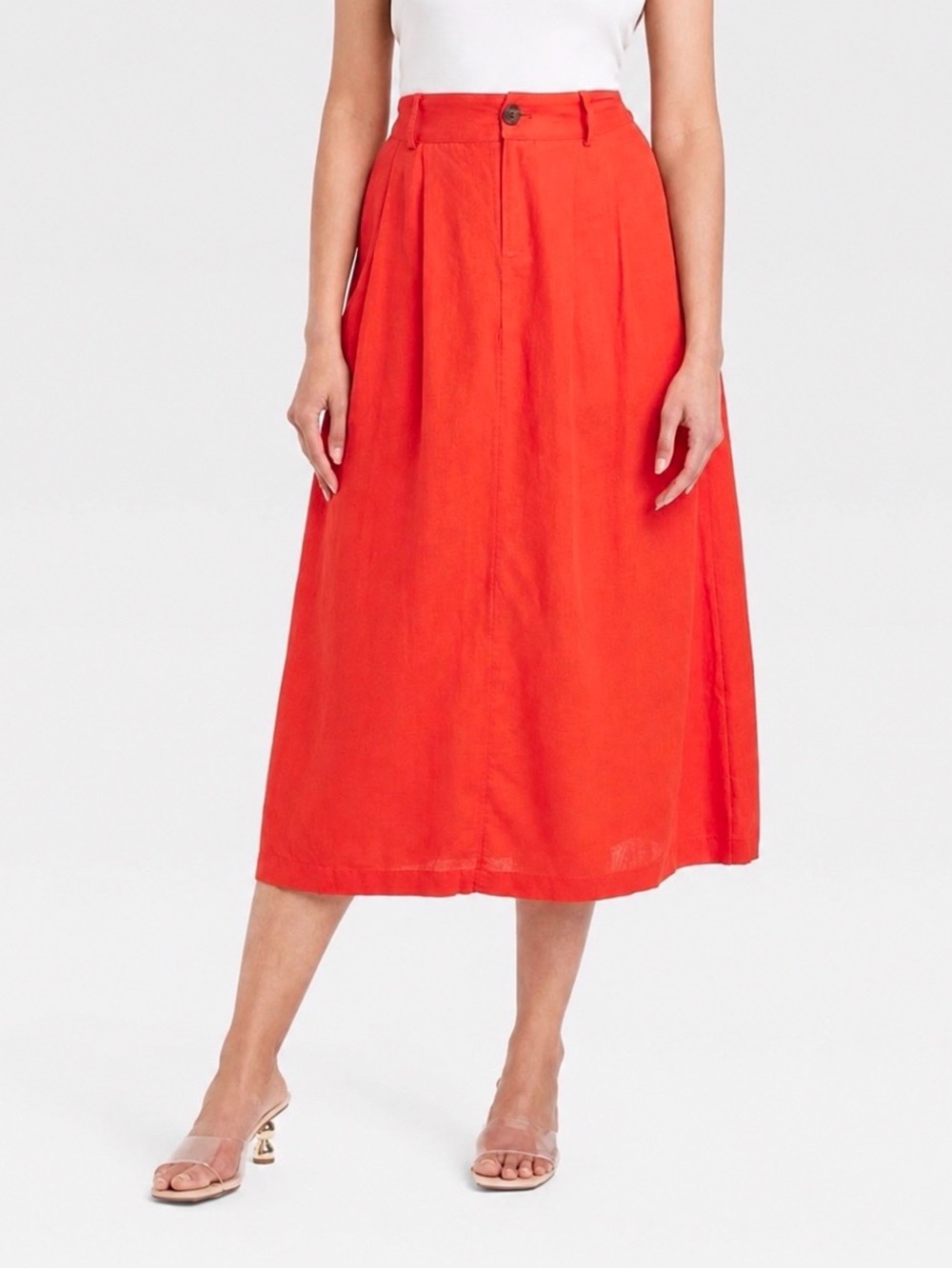 A New Day Pleated Linen Midi Skirt Red Orange Pocket Skirt